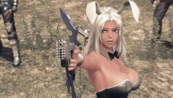 big_breasts blue_eyes bunny_ears bunny_girl bunnysuit dark-skinned_female dark_skin elma_(xenoblade_x) gun looking_at_viewer pointing screencap solo solo_female weapon white_hair xenoblade_(series) xenoblade_chronicles_x