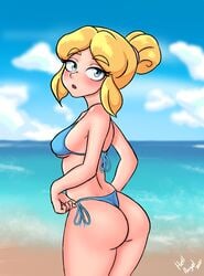 1girls ass beach bikini bikini_bottom bikini_top blonde_hair blue_eyes brawl_stars female female_only he11_4ngel light-skinned_female light_skin looking_at_viewer looking_back looking_back_at_viewer piper_(brawl_stars)