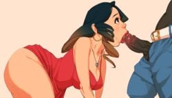 1boy 1girls big_ass black_hair brown_eyes brown_hair dark-skinned_male dyed_hair earrings fellatio gaiidraws hoop_earrings interracial lipstick on_all_fours oral purple_eyeshadow red_dress red_lipstick side_view straight thick_thighs two_tone_hair veiny_penis