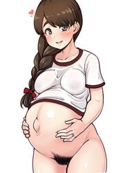 belly_hold big_belly blush bottomless braid brown_eyes brown_hair female female_only hair_ribbon hands_on_belly holding_belly kantai_collection long_hair looking_at_viewer nipples_visible_through_clothing pregnant pubic_hair pubic_hair_neat ready_to_pop ryuun_(stiil) shirt_up short_sleeves smile solo thick_eyebrows thick_thighs uranami_(kantai_collection) wedding_ring wide_hips