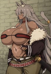 1girls areola_slip bikini_top cat_ears cat_tail catgirl cleavage female female_only female_warrior ghislaine_dedoldia grey_hair huge_breasts indoor kemonomimi long_hair missing_eye muscular_female mushoku_tensei one-eyed otogi_tetsurou pants scars solo sword thong