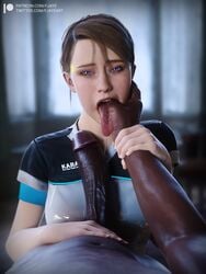 1boy 1girl 1girls 3d blue_eyes brown_hair clothed_female_nude_male dark-skinned_male dark_skin detroit:_become_human drooling female female_focus femsub finger_in_mouth finger_in_throat fjaye gynoid huge_cock imminent_fellatio interracial kara_(detroit:_become_human) large_penis looking_at_viewer male male_pov maledom pov precum precum_drip robot saliva saliva_string saliva_trail straight