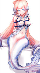 1girls arms_behind_back blue_eyes blue_rope bondage breast_bondage breasts genshin_impact long_hair looking_at_viewer mermaid nipple_slip nipples pink_hair rope_bondage sangonomiya_kokomi topless very_long_hair vii_(artist)