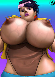 areolae big_breasts black_hair blindanubis breasts breasts_out brown_eyes busty clothing earrings erect_nipples eyeshadow eyewear_on_head female female_focus female_only hourglass_figure huge_breasts humanoid jubilation_lee jubilee large_breasts leotard lipstick makeup marvel marvel_comics mutant nipples outerwear pale_skin short_hair skirt sunglasses_on_head tagme veiny_breasts wide_hips x-men