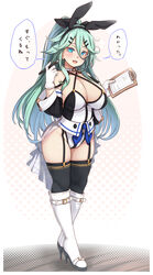 alternate_costume big_breasts black_thighhighs blue_eyes boots bunny_ears cleavage collar cute_fang detached_sleeves female full_body garter_straps green_hair hair_ribbon hairclip high_heel_boots high_heels japanese_text kantai_collection long_hair looking_at_viewer ponytail ryuun_(stiil) solo standing stockings text thick_thighs thighhighs translated white_gloves yamakaze_(kantai_collection) zettai_ryouiki