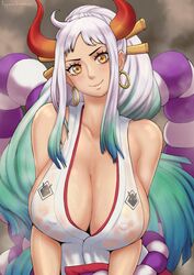 1girls big_breasts blue_hair breasts brown_eyes clothed clothing curvy ear_piercing earrings eye_contact female female_only gradient_hair hi_res highres hoop_earrings horned_humanoid horns humanoid light-skinned_female light_skin long_hair looking_at_viewer multicolored_hair nipple_bulge one_piece oni oni_female oni_horns oppaiserothicc revealing_clothes sideboob simple_background smile solo sweat two_tone_hair upper_body wet_clothes white_hair yamato_(one_piece) youkai