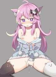 1girls blep blush breasts cat_ears cat_thighighs catgirl clothing ear_tuft female female_only fingering fingering_self kemonomimi long_hair masturbation nipples nyatasha_nyanners open_eyes partially_clothed pink_hair purple_eyes pussy_juice ribbon sitting small_breasts smile solo thigh_squish thighhighs thighs tongue_out virtual_youtuber vshojo