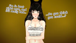 1girls amber_eyes big_breasts black_hair blake_belladonna blush bow breasts clothing combatwombat female female_only fuck-me_shirt impregnation_request in_heat knock_me_up_shirt koikatsu_(medium) large_breasts long_hair looking_at_viewer open_mouth pin-me-down_shirt rwby tagme text