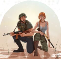 ak-74 beard blue_eyes body_armor cole_mclean emily_bronze green_eyes gun helmet lever_action_rifle red_hair rifle