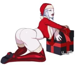 ass barely_clothed breasts christmas christmas_hat cleavage female final_fantasy final_fantasy_xiv image large_ass large_breasts lilirulu merlwyb_bloefhiswyn pale-skinned_female pale_skin roegadyn string_panties thighhighs white_hair