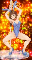 1girls blue_eyes brown_hair bunny_ears bunny_girl earrings female female_only gyakuten_saiban heels high_heels jewelry leenvidia pole pole_dancing scarf smile tongue_out trucy_wright wink