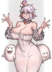 1girls 2others ambiguous_gender big_breasts boo_(mario) boosette breasts cleavage clothing curvy_figure dress female female_focus huge_breasts kelvin_hiu large_breasts luigi's_mansion mario_(series) new_super_mario_bros._u_deluxe nintendo red_eyes sharp_teeth short_hair simple_background smile standing tight_clothing voluptuous white_hair wide_hips