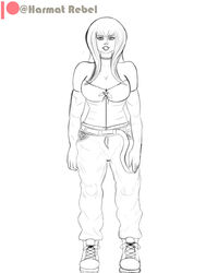 breasts busty cargo_pants cleavage concept_art design digital female gloves harmatrebel_(artist) long_gloves long_hair monochrome smile uncolored