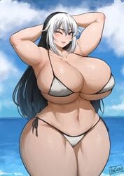 arms_raised batako beach big_breasts bikini breasts looking_at_viewer sand sea sky smiling smiling_at_viewer sweat tagme voluptuous white_skin wide_hips yuki_hellstrom