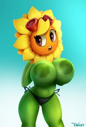 anthro big_breasts black_panties blue_background breasts female female_only green_nipples green_skin panties petals plant plantie plants_vs_zombies plants_vs_zombies:_heroes skyline_comet solar_flare_(pvz) sunflower tagme