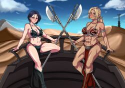 2girls abs alternate_costume athletic athletic_female bantha-ii_cargo_skiff bare_legs big_breasts bikini_armor black_clothing blonde_hair blue_eyes blue_hair blush boots bra breast breasts catherine_(fire_emblem) cleavage cloud crossover dark-skinned_female dark_skin day desert drie duo earrings embarrassed female female_only fire_emblem fire_emblem:_three_houses footwear hair hill holding_weapon large_breasts leaning leaning_back legs light-skinned_female light_skin loincloth looking_at_viewer looking_away medium_breasts medium_hair melee_weapon metal_bikini multiple_girls muscular muscular_female navel nintendo outdoors pelvic_curtain ponytail pose purple_eyes red_clothing sad sand science_fiction shamir_nevrand shiny_skin shoes short_hair sky slave slave_bikini slave_leia_(cosplay) standing standing_on_one_leg star_wars stomach tatooine vehicle vibro_axe violet_eyes weapon