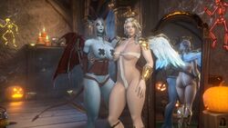 2021 2girls 3d alliance_(warcraft) angel_costume angel_wings big_breasts blizzard_entertainment blue_eyes devil_costume devil_horns devil_tail female female_only hallow's_end halloween halloween_costume horde human_(warcraft) human_mage hunter_(warcraft) jaina_proudmoore looking_at_viewer mage mage_(warcraft) red_eyes skimpy_clothes standing sylvanas_windrunner undead undead_(warcraft) warcraft white_hair world_of_warcraft zentaeron