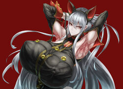 armpit_fetish arms_behind_head big_breasts canvassolaris clothing female gigantic_breasts huge_breasts large_breasts massive_breasts red_eyes selvaria_bles silver_hair solo valkyria_chronicles