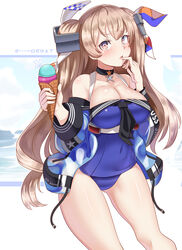 big_breasts brown_eyes choker cleavage detached_sleeves female hair_ornament hair_ribbon hoodie ice_cream japanese_text johnston_(kantai_collection) kantai_collection light_brown_hair long_hair looking_at_viewer one-piece_swimsuit ryuun_(stiil) sailor_collar solo sweatshirt swimsuit text thick_thighs translated twintails very_long_hair wide_hips