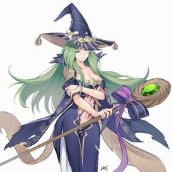 1girls absurdres alternate_costume breasts cleavage commentary_request cowboy_shot da-cart dress female fire_emblem fire_emblem:_three_houses fire_emblem_heroes green_eyes green_hair halloween halloween_costume hat highres holding holding_staff large_breasts long_hair navel nintendo official_alternate_costume purple_ribbon rhea_(fire_emblem) ribbon solo staff standing stomach torn_clothes torn_dress very_long_hair witch witch_hat