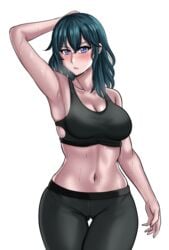 1girls aeeldora after_workout armpits ass_visible_through_thighs bare_midriff blush breasts byleth_(fire_emblem) byleth_(fire_emblem)_(female) cleavage drie fire_emblem fire_emblem:_three_houses fully_clothed heavy_breathing large_breasts looking_at_viewer medium_hair nintendo open_mouth pants solo sweat sweating_profusely tank_top teal_hair thigh_gap white_background workout