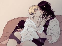 2boys baji_keisuke black_hair blonde_hair chifuyu_matsuno erection gay hand_down_pants kissing partially_clothed penis penis_under_clothes robin_(artist) thick_thighs thighs tokyo_revengers underwear