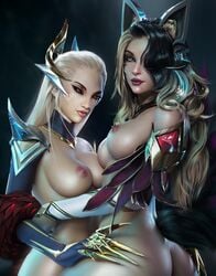 2girls ahri alternate_costume ass ass_grab black_hair blonde_hair blue_eyes breasts coven_ahri coven_evelynn eclipse_series evelynn hair_over_one_eye league_of_legends lipstick multiple_girls nipples petite realistic red_eyes riot_games sevenbees tail two_tone_hair yuri