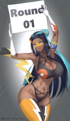 1girls 2021 2021s abs alternate_breast_size armpits artist_name artist_signature belly_button big_breasts blue_eyes blue_hair breasts cosplay dark-skinned_female dark_skin digital_media_(artwork) domino_mask dufreyjupiter female female_focus female_only fit_female game_freak gen_8_pokemon generation_8_pokemon gloves gym_leader hair hi_res hourglass_figure large_breasts mask masked masked_female navel nessa_(pokemon) nintendo open_mouth pikachu_(cosplay) pikachu_libre_(cosplay) pokemon pokemon_(cosplay) pokemon_(franchise) pokemon_ss pokemon_trainer signature solo sweat sweating thick_thighs thighhighs thighs thunder_thighs two_tone_hair very_long_hair voluptuous wide_hips wrestling wrestling_mask wrestling_outfit