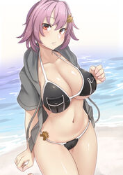 alternate_breast_size beach big_breasts bikini black_bikini blush cleavage cute_fang female female_only hairclip hoodie kantai_collection looking_back open_clothes open_shirt pink_hair red_eyes ryuun_(stiil) short_hair solo sweatshirt sweatshirt_and_bikini swimsuit tama_(kantai_collection) underboob wide_hips