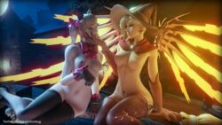 2girls 3d areolae black_cat_d.va blonde blonde_hair breasts breasts_out captain_hotdog cat_ears d.va ear_piercing earrings female female_focus female_only gloves hair_ribbon halloween halloween_costume holding_chin light-skinned_female light_skin mercy navel nipples overwatch pale-skinned_female pale_skin ribbon thick_thighs thighhighs toned toned_belly toned_body toned_female toned_stomach wide_hips witch witch_hat witch_mercy yuri