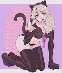 blonde_hair bra brown_eyes cat_ears cat_tail catgirl emma_sano lingerie panties pstrhsn thick_thighs thighhighs thighs tokyo_revengers tongue tongue_out