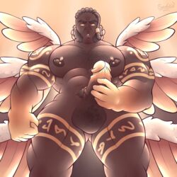 angel angel_wings azaan_(paladins) bara big_breasts dark_skin dreadlocks male male_focus nipple_piercings paladins pov pubic_hair sideburns solo_male soloemi_(artist) tattoos wings