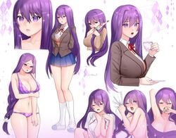 1girls ambiguous_penetration areola areolae blood bloody_knife blue_skirt bra detailed_eyes doki_doki_literature_club female female_only fingernails flower_hair_ornament knife long_hair nail_polish open_shirt panties potetos7 purple_bra purple_eyes purple_hair purple_nails purple_panties red_ribbon school_uniform shoes skirt socks socks_and_shoes tea_cup underwear yuri_(doki_doki_literature_club)