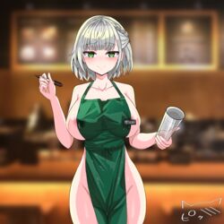 1girls 2021 apron bare_shoulders big_breasts blush breasts closed_mouth coffee_shop collarbone cup eyebrows_visible_through_hair female female_focus female_only green_apron green_eyes holding holding_cup holding_pen hololive hololive_fantasy hololive_japan iced_latte_with_breast_milk indoors lactating lactation looking_at_viewer meme naked_apron nipple_slip nipples p_chemistry shirogane_noel silver_hair smile smiling solo solo_female solo_focus standing virtual_youtuber