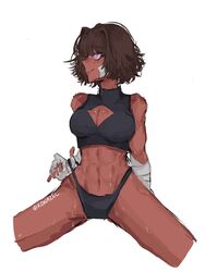 abs bandage bikini dzin konazel muscles muscular_female panties pink_eyes red_skin roblox roblox_game robloxian rogue_lineage sweat tagme tomboy toned_female white_background