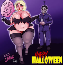 1boy 1girls bat bbw big_ass big_belly big_breasts big_butt blonde_hair chloe chubby chubby_female cosplay curvy curvy_female halloween knife lipstick love mask michael_myers overalls panties running short_hair skirt text text_bubble thewink thighhighs