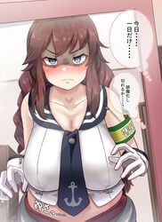 angry arm_band big_breasts blush braided_hair brown_hair cleavage embarrassed eye_contact female frown fully_clothed gloves huge_breasts japanese_text kantai_collection looking_at_self mirror noshiro_(kantai_collection) purple_eyes= ryuun_(stiil) sailor_collar sleeveless solo sweat text thought_bubble translated white_gloves