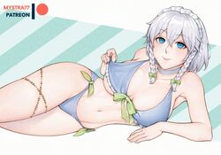 bikini blue_eyes blue_hair female mystra77 on_side sakuya_izayoi solo touhou twin_braids underboob