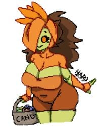 1girls 2020 :> anthro anthrofied artist_signature basket bent_over big_breasts black_sclera bottomwear breasts brown_hair candy covered_navel cute female female_focus female_only floran frittata front_view green_body green_skin hips huge_breasts humanoid large_breasts little_hareboy long_hair looking_away multicolored_hair oc one_eye_covered orange_eyes orange_hair oval_(little_hareboy) pixel_art plant plant_girl plant_humanoid short_dress shortstack simple_background sleeves smile solo solo_female solo_focus starbound thick thick_thighs thighs topwear voluptuous white_background wide_hips