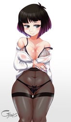 1girls absurdres bangs black_eyes black_hair blush bow bow_panties bra breasts cjhomics covered_nipples eyelashes female highres hilda_(series) kaisa_(hilda) nail_polish off_shoulder open_clothes open_shirt panties pantyhose partially_visible_vulva purple_hair purple_nails short_hair smile solo thigh_gap thighband_pantyhose transparent_clothing two_tone_hair underwear white_background wide_hips