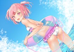 1girls background bikini bikini_bottom bikini_skirt bikini_top clouds cute cute_fang doki_doki_literature_club in_water innertube kitty_panties looking_at_viewer natsuki_(doki_doki_literature_club) oerba_yun_fang pink_eyes pink_hair red_hair_ribbon red_ribbon simple_background sky tsunzei water white_bikini xhunzei