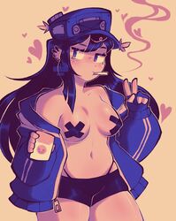 1girls cassette_girl cigarette female friday_night_funkin jacket marbletoken newgrounds peace_sign solo solo_female taped_nipples