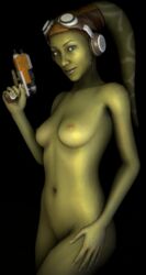 2021 3d alien alien_girl areolae arm_up black_background blaster breasts disney electronic_arts eyebrows fingers goggles goggles_on_forehead green_eyes green_skin hand_on_thigh head_tails headwear hera_syndulla lips looking_at_viewer motive_studios nails navel nipples nude pistol pose ranged_weapon simple_background skeletron27 small_breasts smile source_filmmaker standing star_wars star_wars_squadrons twi'lek violet_lipstick weapon