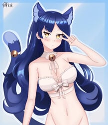 animal_ears artist_request bell_collar blue_hair snezha source_request tail_bell victory_pose virtual_youtuber vtuber white_topwear yellow_eyes