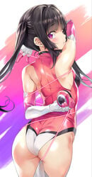 ass bangs black_hair blunt_bangs blush breasts elbow_gloves female from_behind gloves highres leotard long_hair looking_at_viewer looking_back nagayori parted_lips pink_eyes pink_leotard senki_zesshou_symphogear shiny shiny_clothes shiny_hair shiny_skin skin_tight small_breasts solo standing thighhighs tsukuyomi_shirabe twintails white_legwear yo-yo