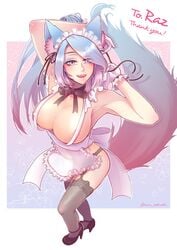 1girls areolae blue_hair cm_oekaki commission huge_breasts indie_virtual_youtuber light-skinned_female naked_apron nipple_bulge pink_highlights silvervale solo virtual_youtuber vshojo wolf_ears wolf_girl wolf_tail