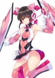 armor armpits bangs bare_shoulders black_hair blunt_bangs breasts clothes_lift commentary_request covered_navel elbow_gloves female gauntlets gloves hair_ornament headgear highres leotard long_hair looking_at_viewer nagayori pink_eyes pink_legwear senki_zesshou_symphogear shiny shiny_clothes shiny_hair shiny_skin simple_background skirt skirt_lift small_breasts solo standing thighhighs tsukuyomi_shirabe twintails white_background