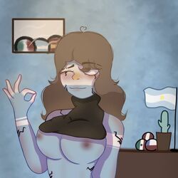 1girls argentina_(countryhumans) big_breasts blush boobs breasts brown_hair chile_(countryhumans) cleavage countryballs countryhumans countryhumans_girl italy_(countryhumans) long_hair ludmi_country mexico_(countryhumans) ok_sign peru_(countryhumans) spain_(countryhumans) tagme topless wink