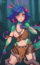 1girls blue_hair breasts exposed_breasts league_of_legends necklace neeko nipples one_breast_out orange_eyes partially_clothed restrained roots sneakveek solo standing tail veeke