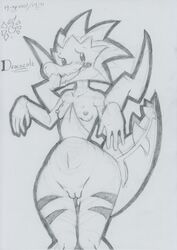 2021 anthro anthrofied beady_eyes blush bodily_fluids breasts dracozolt female fossil_pokémon genital_fluids genitals graphite_(artwork) lunaris_parukia navel nintendo nipples nude open_mouth open_smile pokémon_(species) pokémorph pokemon pussy pussy_juice small_breasts smile solo thigh_gap traditional_media_(artwork) video_games wide_hips